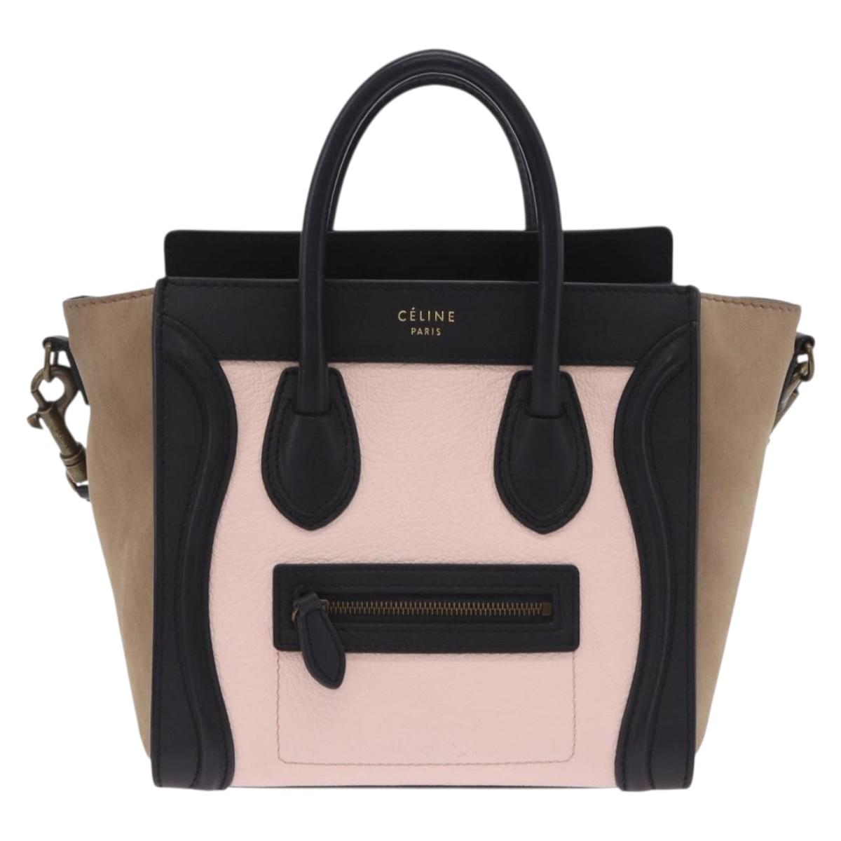 CELINE Luggage Nano Shopper Hand Bag Leather 2way Pink Gold Tone Auth ka6469V