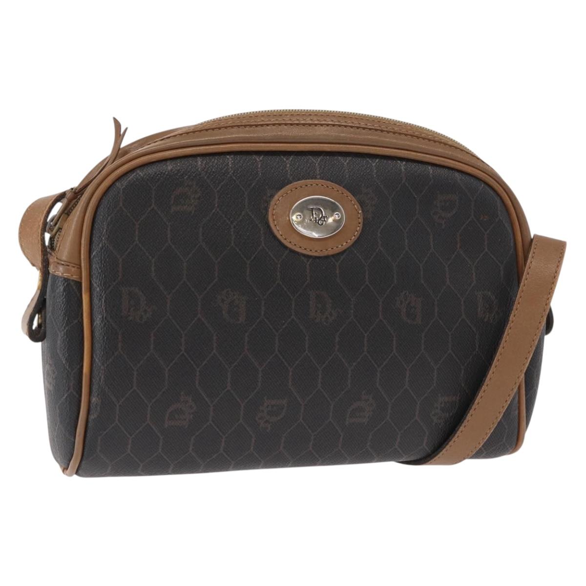 Christian Dior Honeycomb Canvas Shoulder Bag PVC Black Brown gold Auth ka647