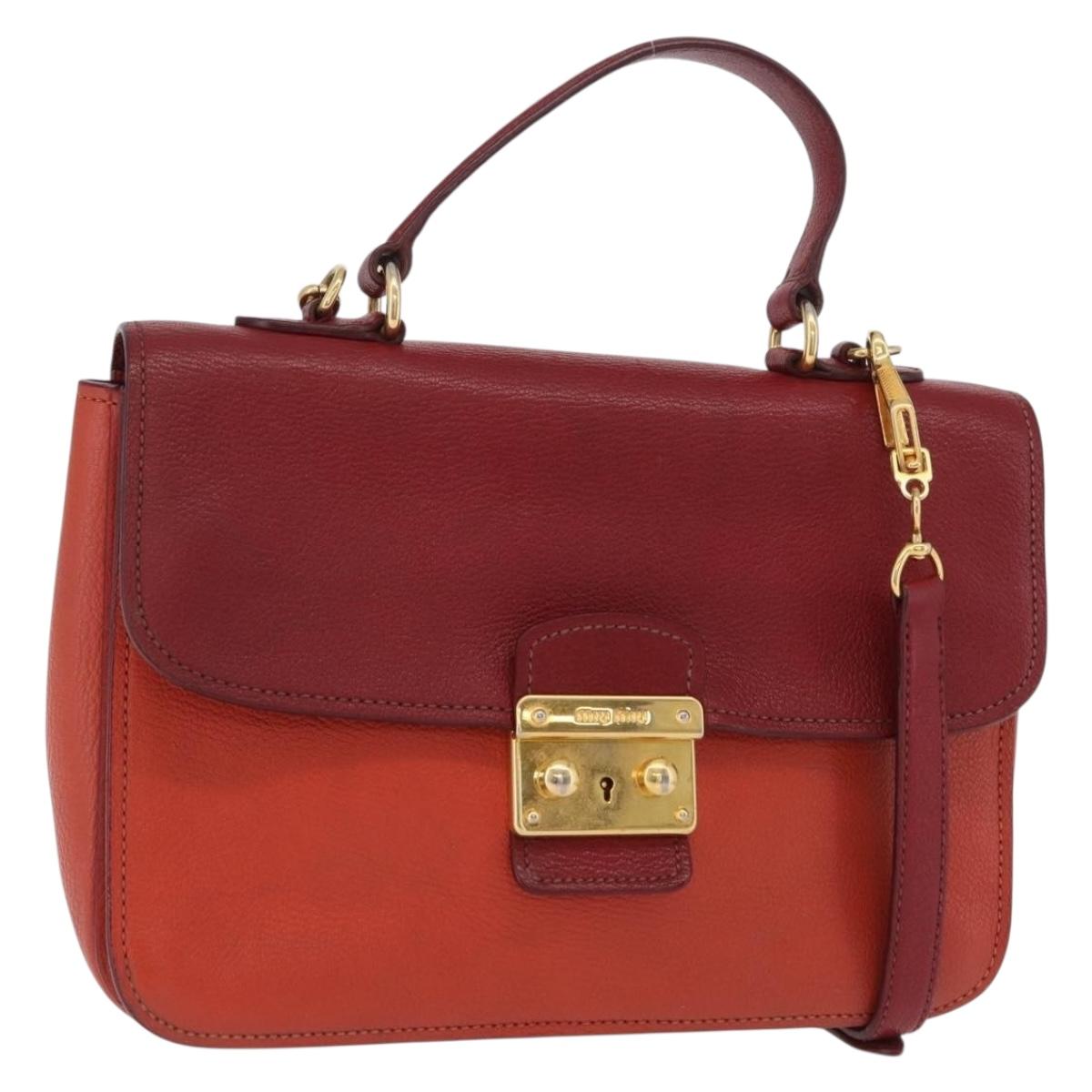 Miu Miu Madras Hand Bag Leather 2way Orange Gold Tone Auth ka6470A