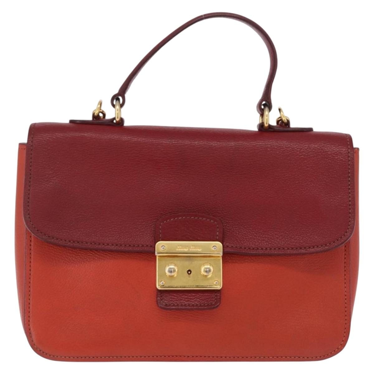 Miu Miu Madras Hand Bag Leather 2way Orange Gold Tone Auth ka6470A