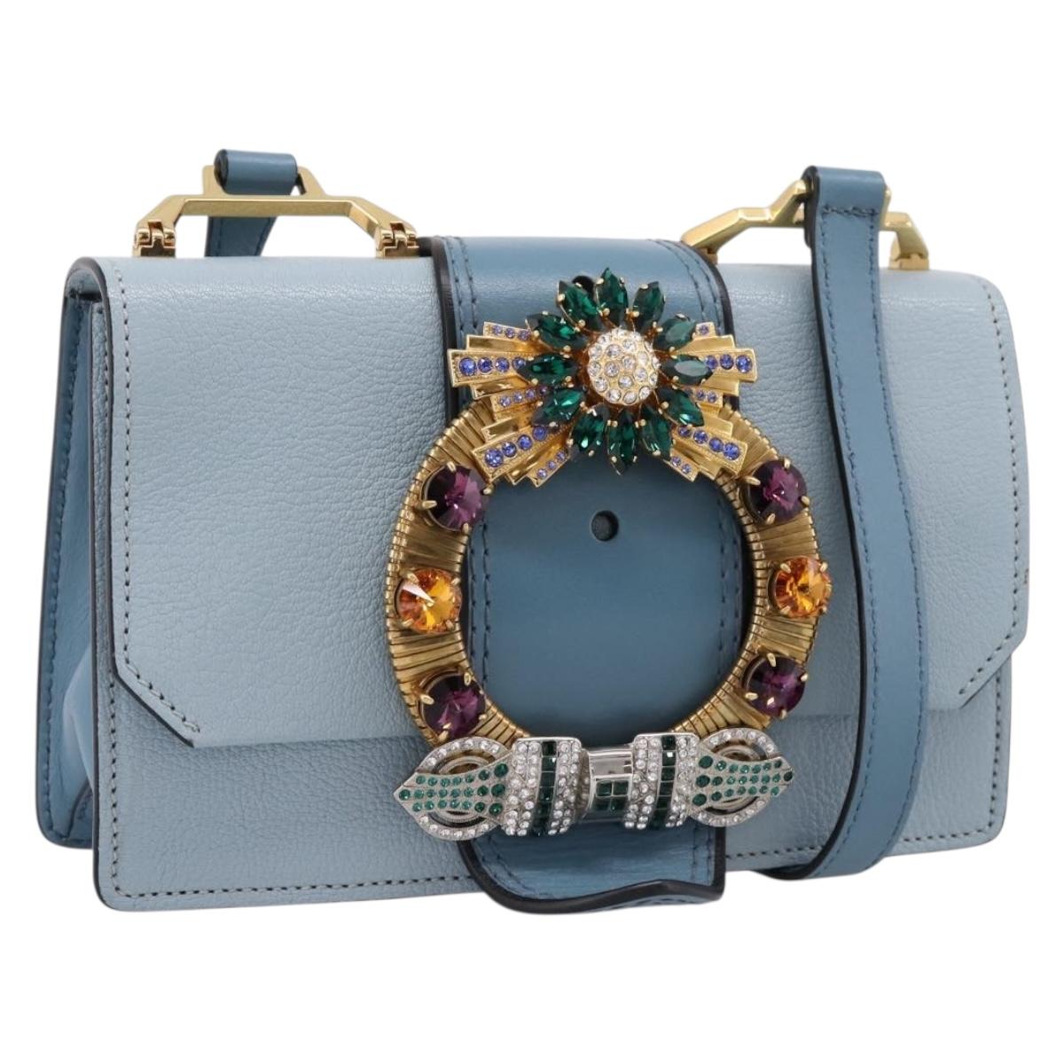 Miu Miu Madras Shoulder Bag Leather Light Blue Gold Tone Auth ka6472V