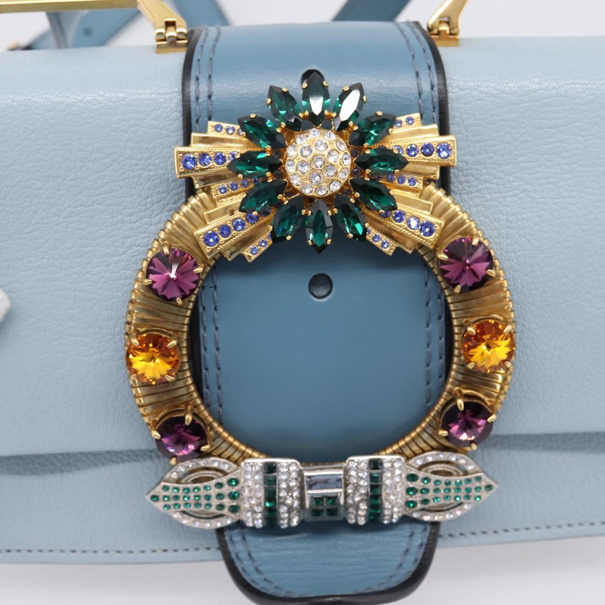 Miu Miu Madras Shoulder Bag Leather Light Blue Gold Tone Auth ka6472V