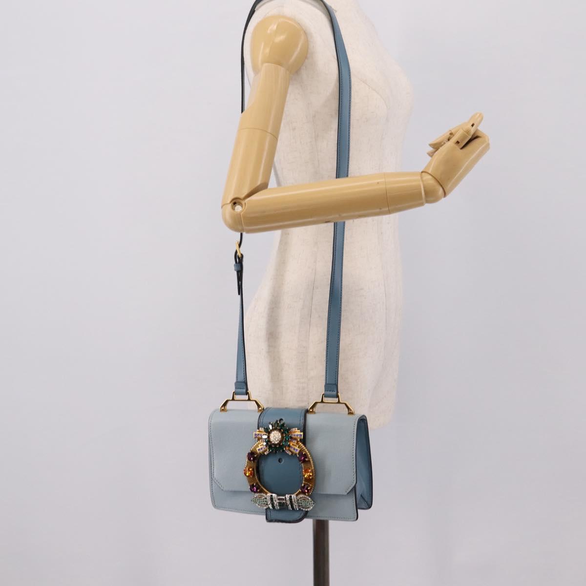 Miu Miu Madras Shoulder Bag Leather Light Blue Gold Tone Auth ka6472V