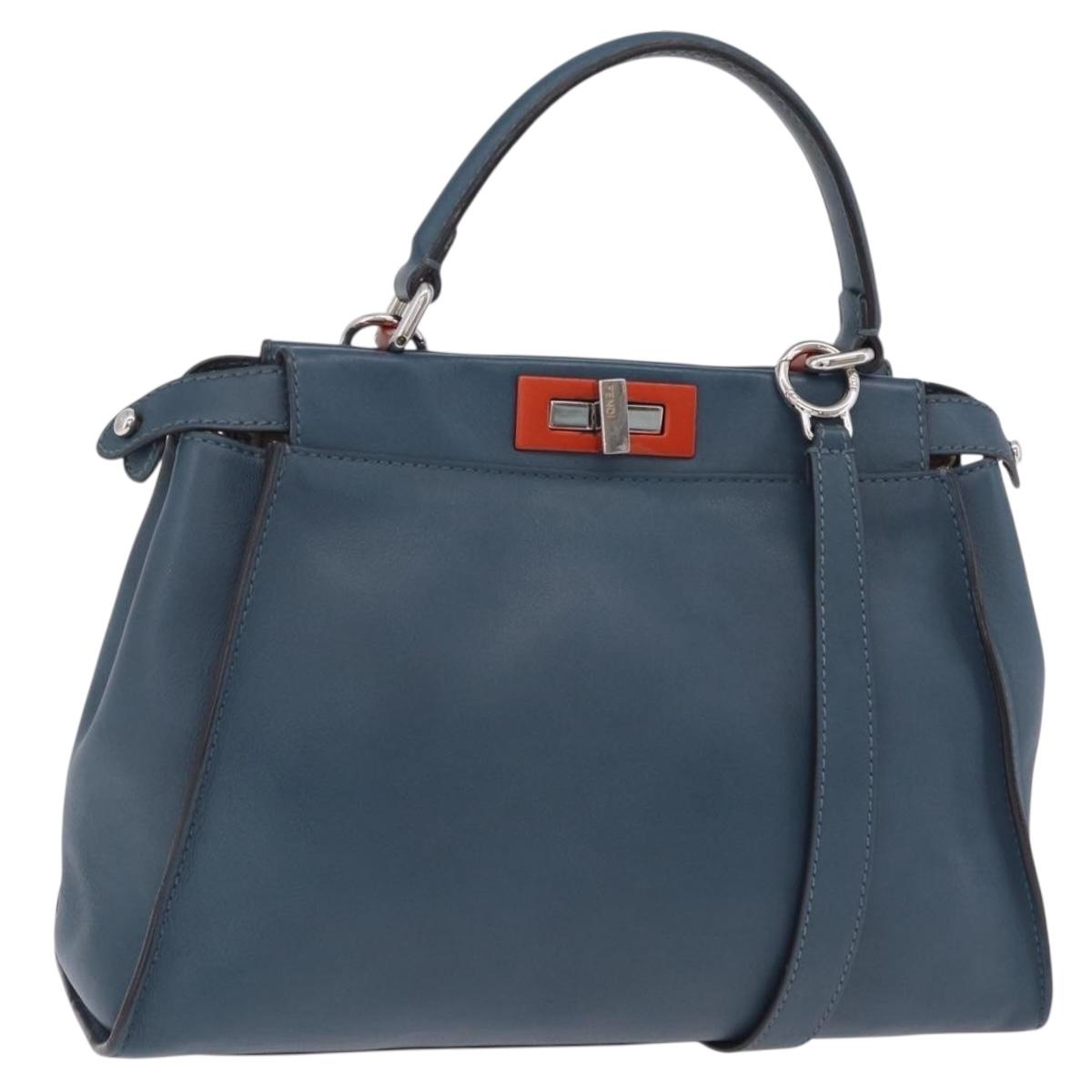 FENDI Peek A Boo Hand Bag Leather 2way Blue Silver 8BN290 Auth ka6482V