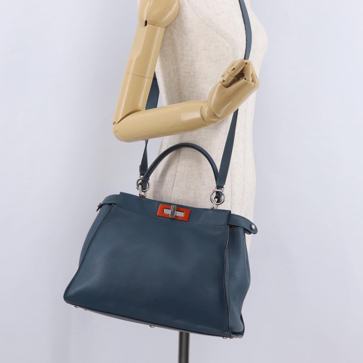 FENDI Peek A Boo Hand Bag Leather 2way Blue Silver 8BN290 Auth ka6482V