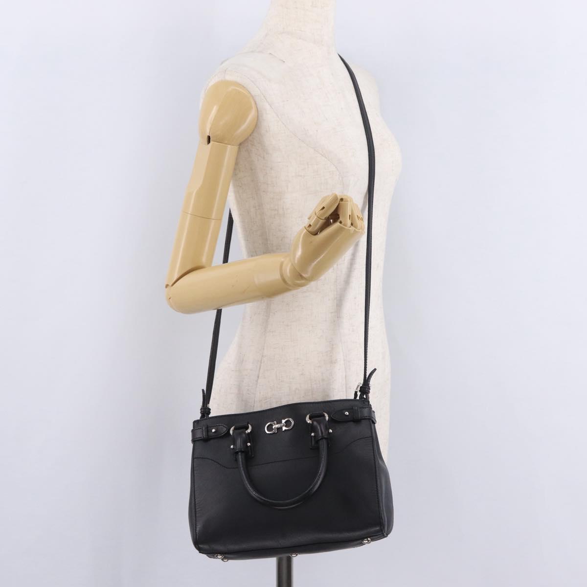 Salvatore Ferragamo Gancini Hand Bag Leather 2way Black Silver Auth ka6483A