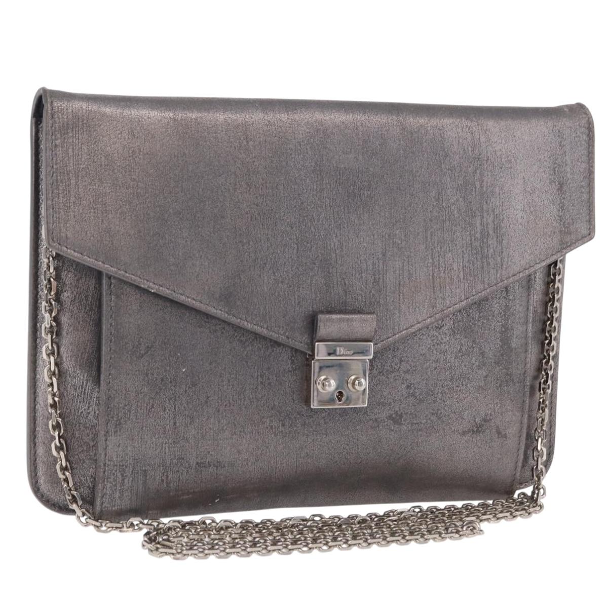 Christian Dior Chain Shoulder Bag Leather Silver Auth ka6506