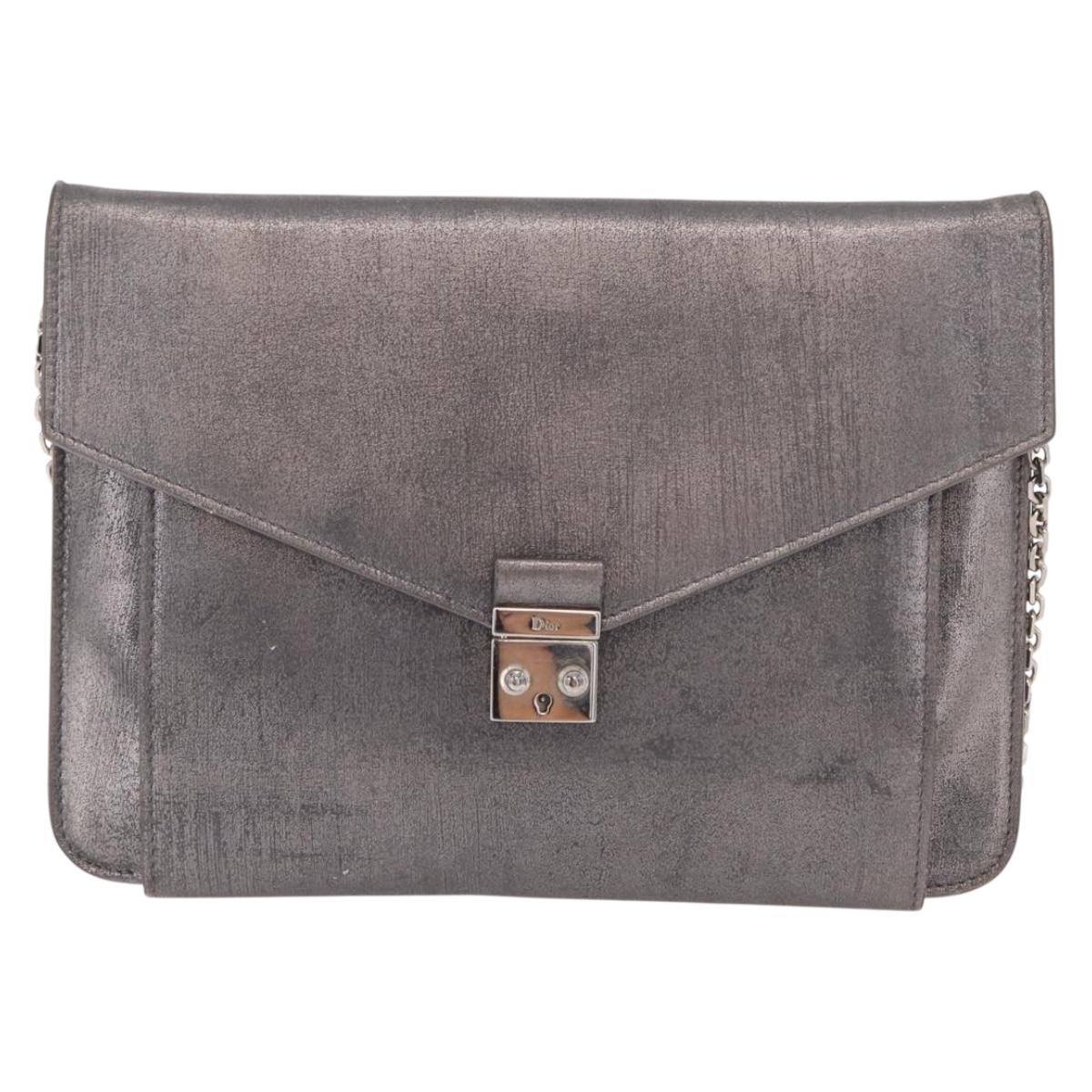 Christian Dior Chain Shoulder Bag Leather Silver Auth ka6506