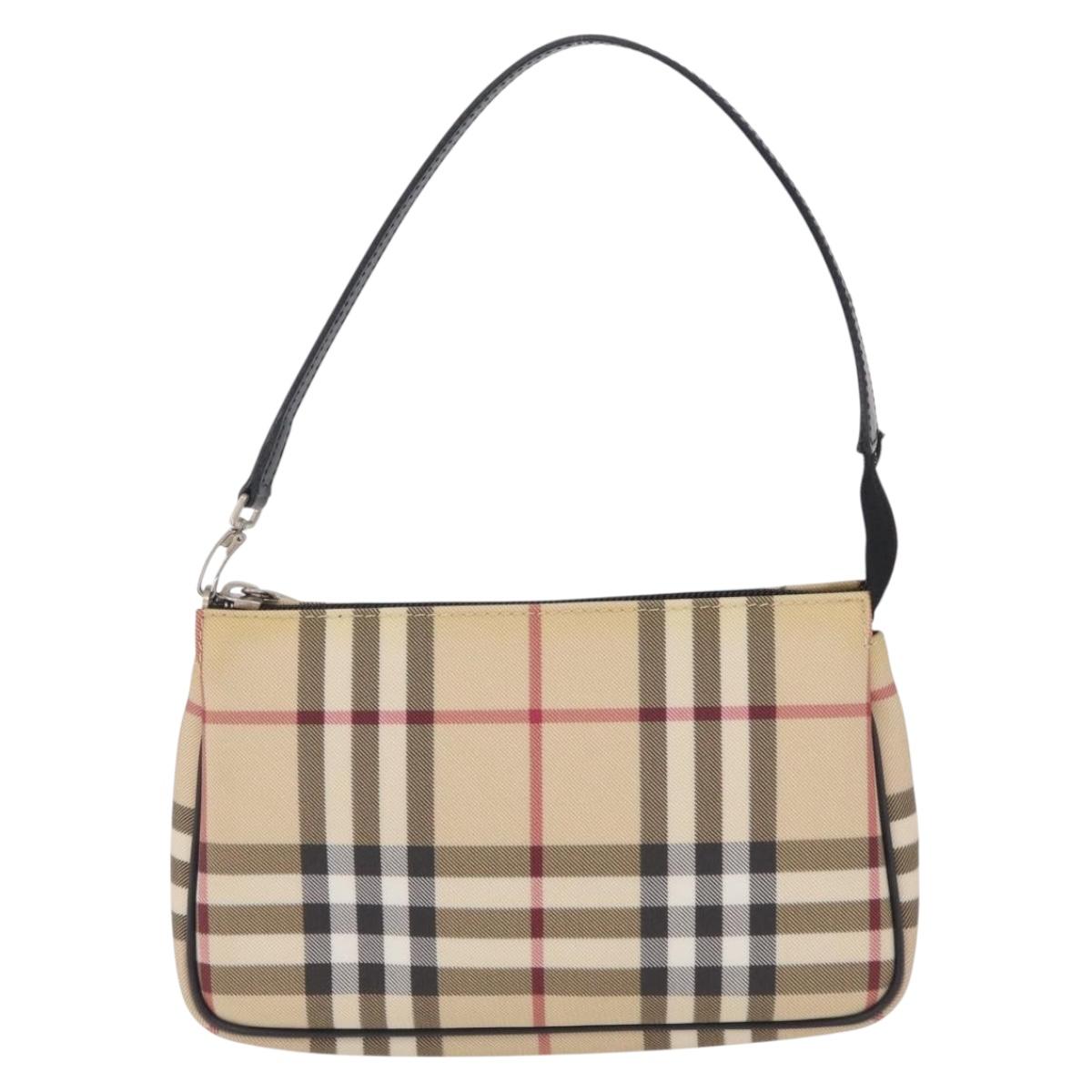 BURBERRY Nova Check Hand Bag PVC Leather Beige Silver Auth ka6510A