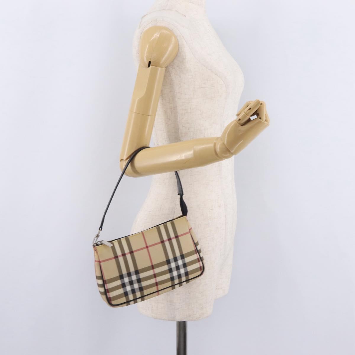BURBERRY Nova Check Hand Bag PVC Leather Beige Silver Auth ka6510A