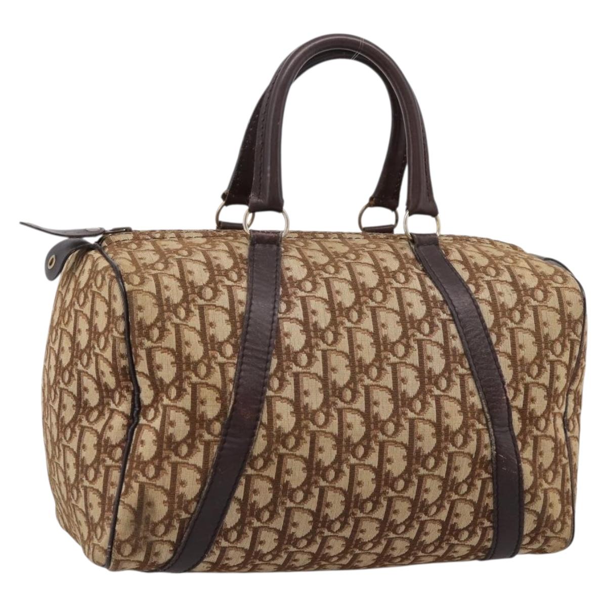Christian Dior Trotter Canvas Boston Bag Beige Gold Tone Auth ka6517A