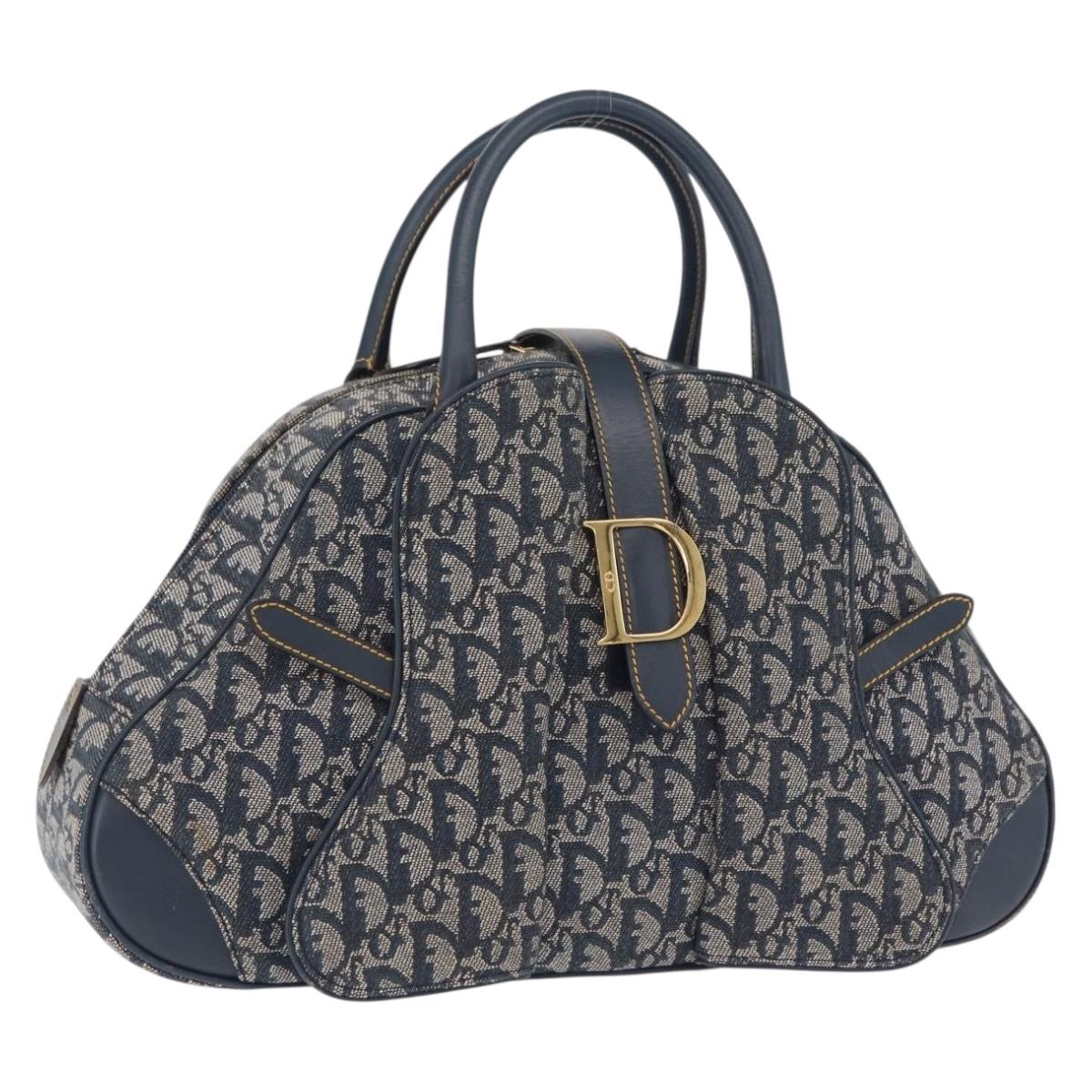 Christian Dior Trotter Canvas Double Saddle Hand Bag Navy Gold Tone Auth ka6525A