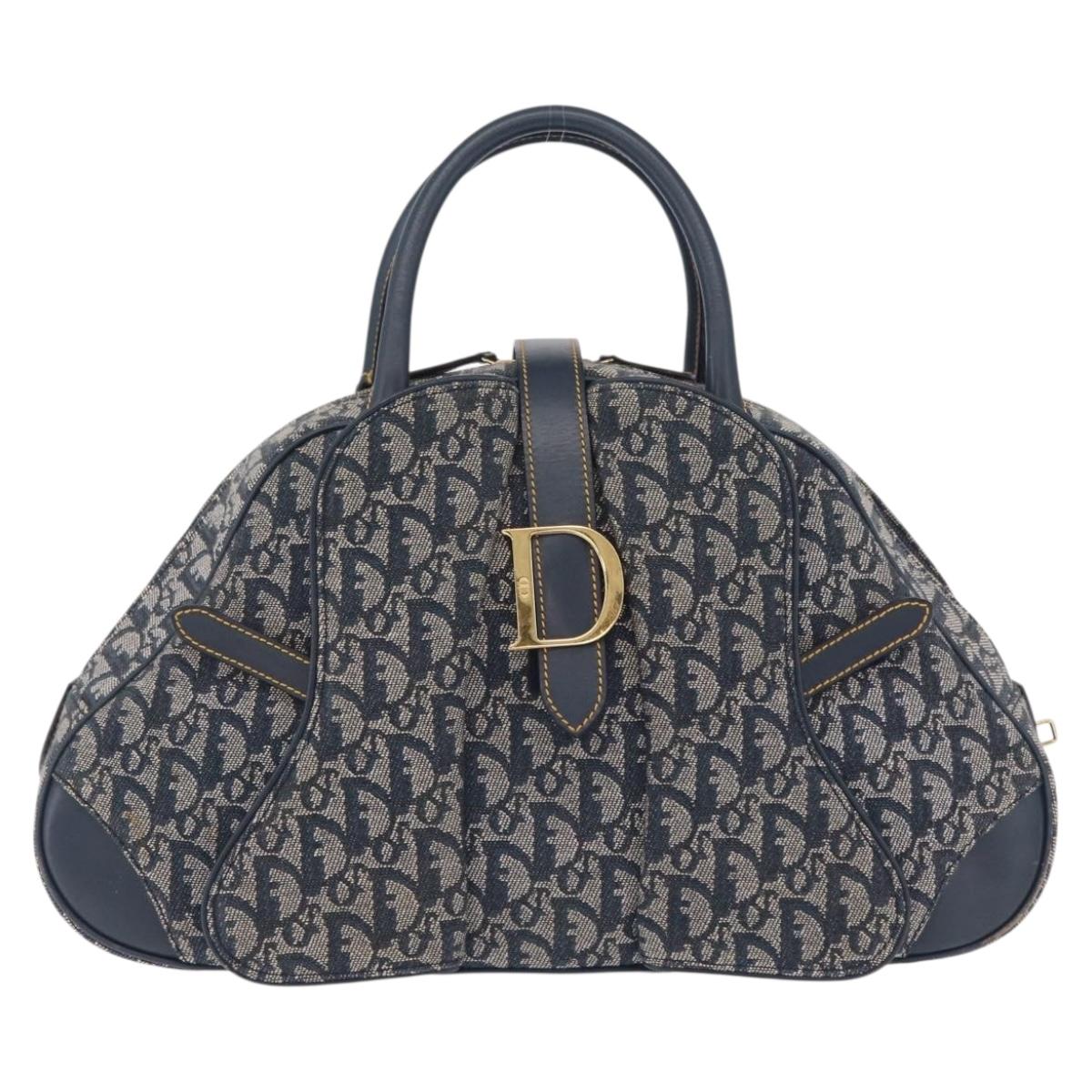 Christian Dior Trotter Canvas Double Saddle Hand Bag Navy Gold Tone Auth ka6525A