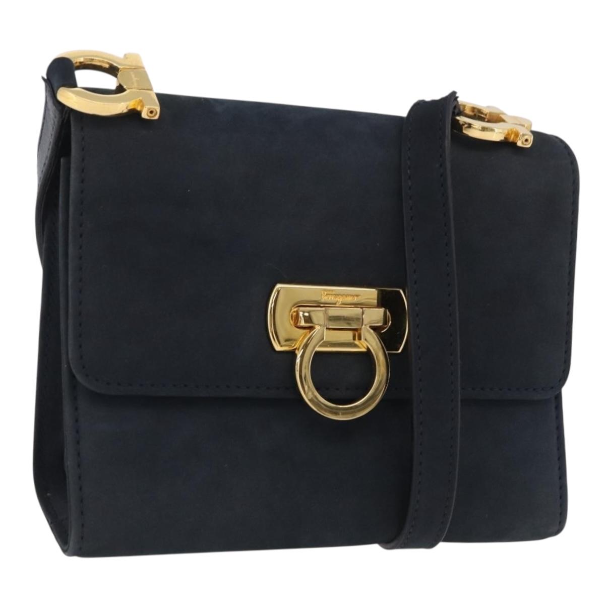 Salvatore Ferragamo Gancini Shoulder Bag Suede Navy Gold Tone Auth ka6530A