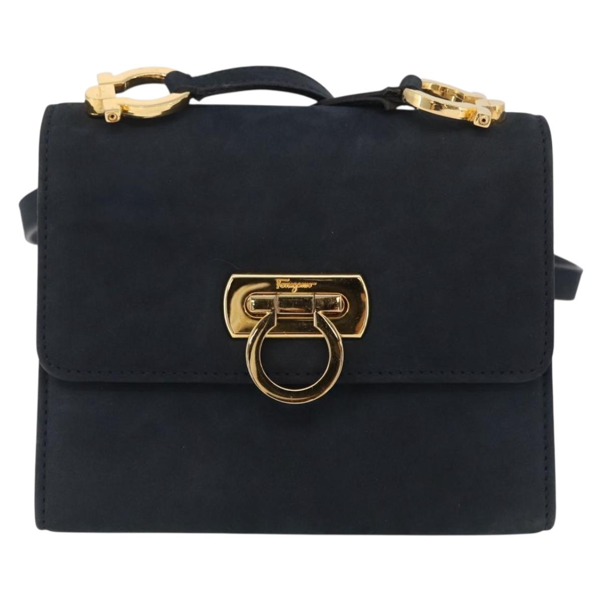 Salvatore Ferragamo Gancini Shoulder Bag Suede Navy Gold Tone Auth ka6530A