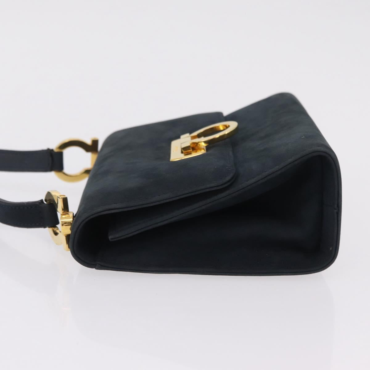 Salvatore Ferragamo Gancini Shoulder Bag Suede Navy Gold Tone Auth ka6530A