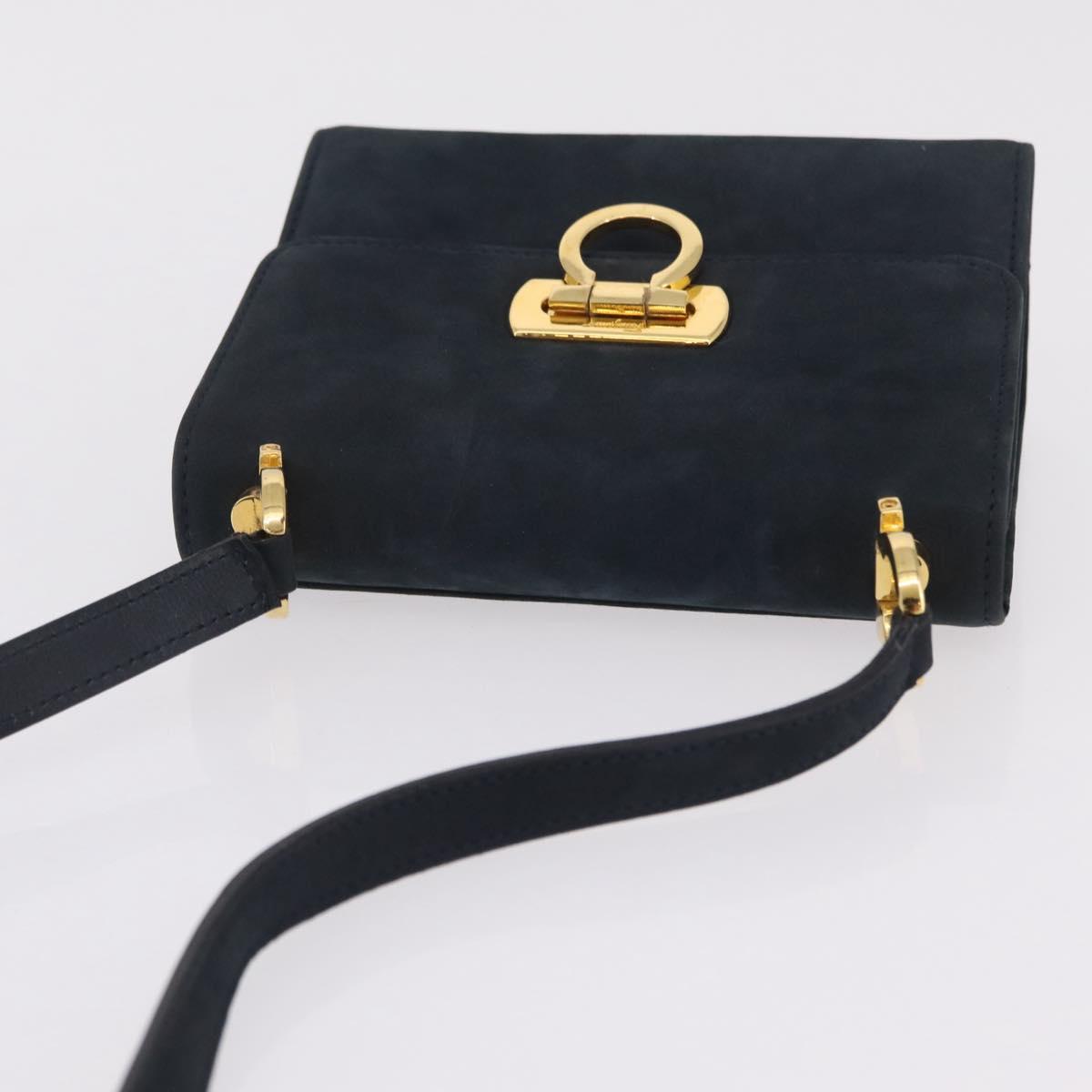 Salvatore Ferragamo Gancini Shoulder Bag Suede Navy Gold Tone Auth ka6530A
