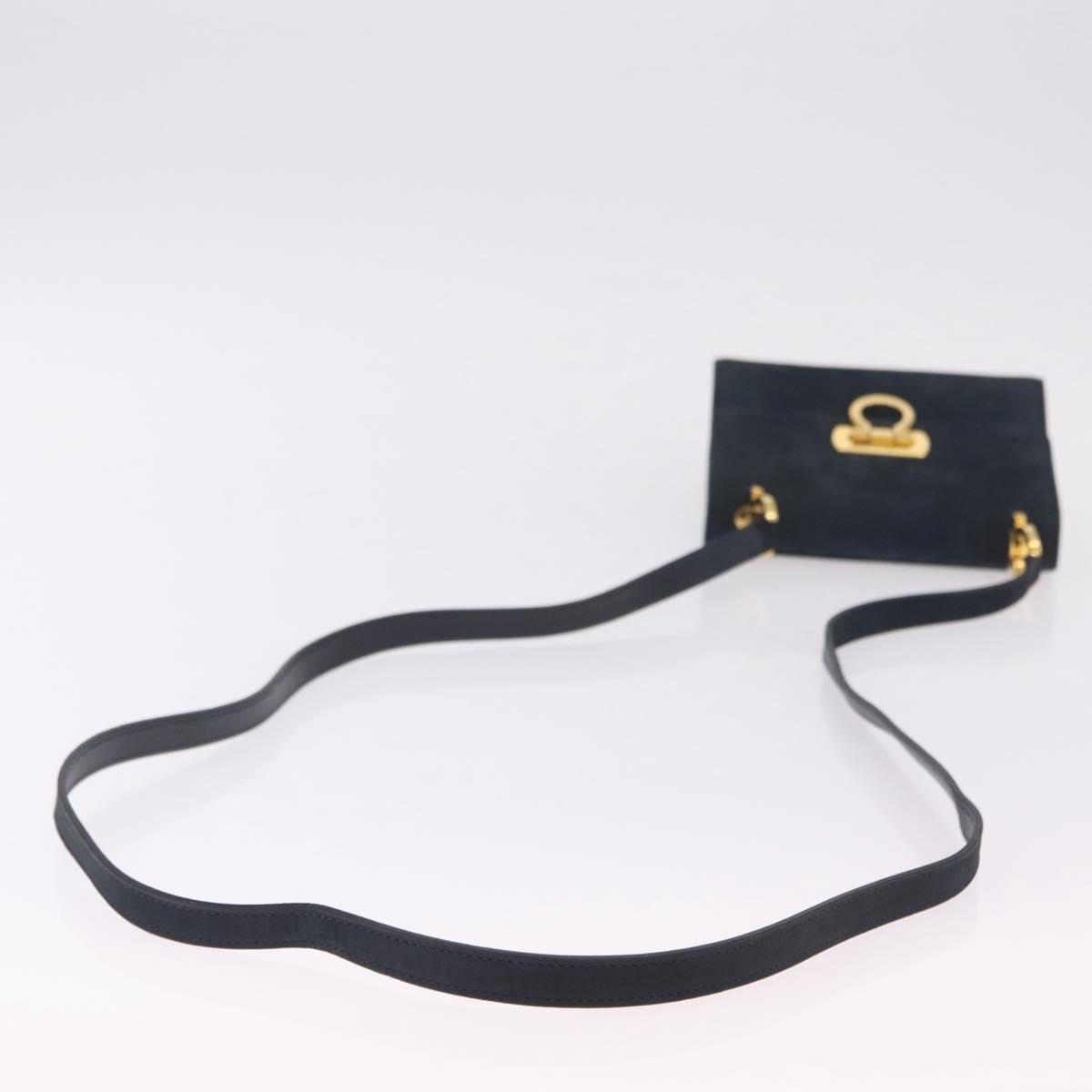Salvatore Ferragamo Gancini Shoulder Bag Suede Navy Gold Tone Auth ka6530A