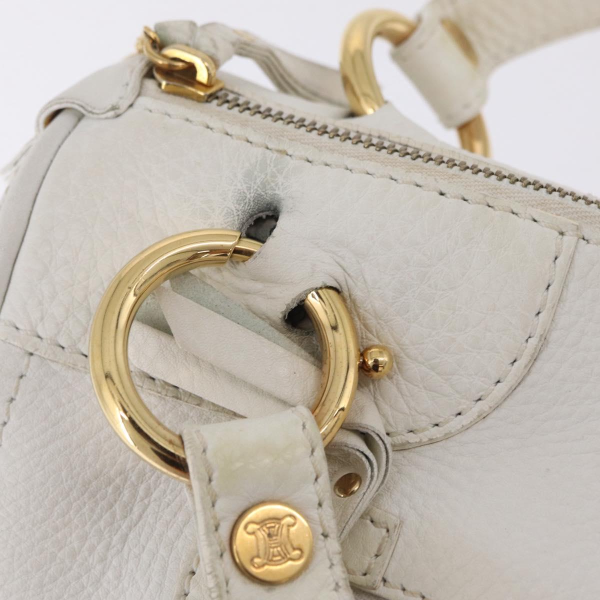 CELINE Hand Bag Leather White Gold Tone Auth ka6534A
