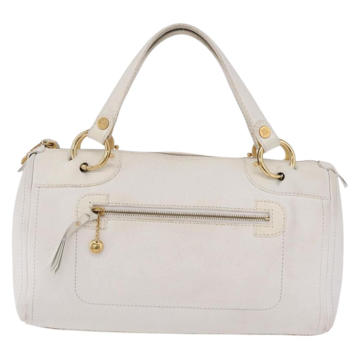 CELINE Hand Bag Leather White Gold Tone Auth ka6534A
