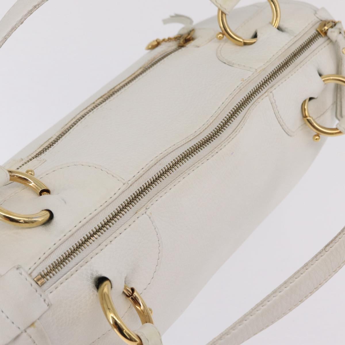 CELINE Hand Bag Leather White Gold Tone Auth ka6534A