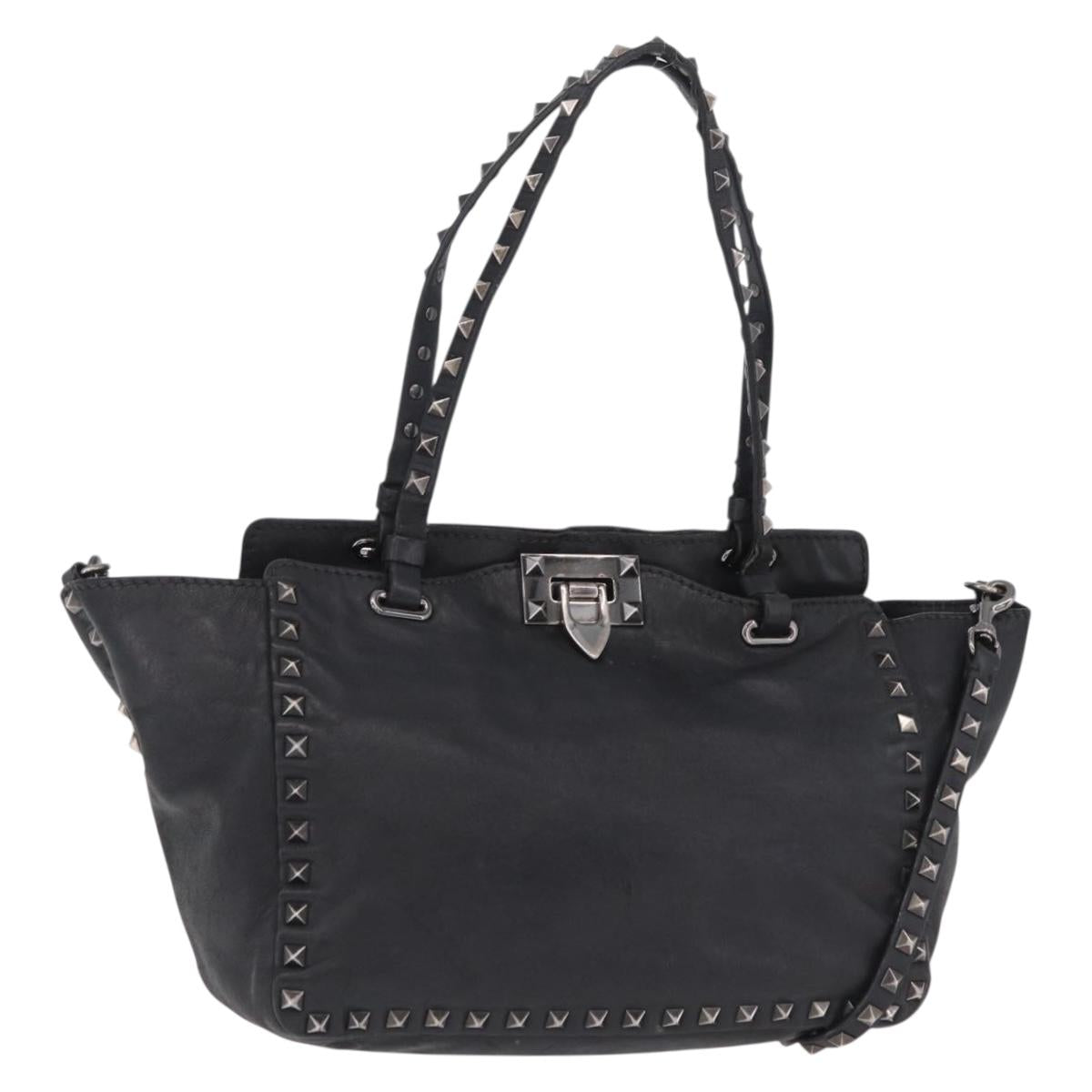 Valentino Studs Hand Bag Leather 2way Black Silver Auth ka6536