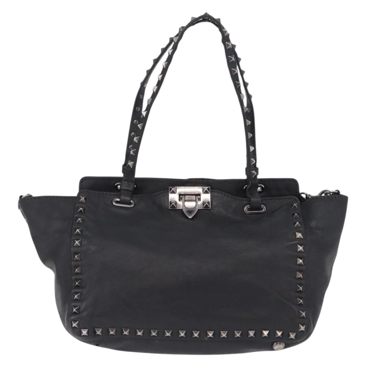 Valentino Studs Hand Bag Leather 2way Black Silver Auth ka6536