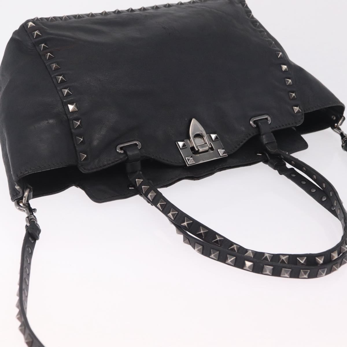 Valentino Studs Hand Bag Leather 2way Black Silver Auth ka6536