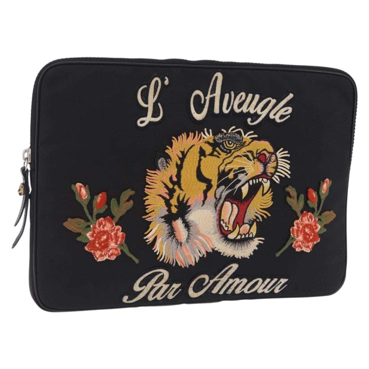 GUCCI Clutch Bag Canvas Black Silver 473884 Auth ka6545A