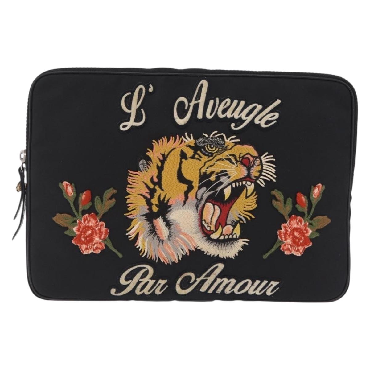 GUCCI Clutch Bag Canvas Black Silver 473884 Auth ka6545A