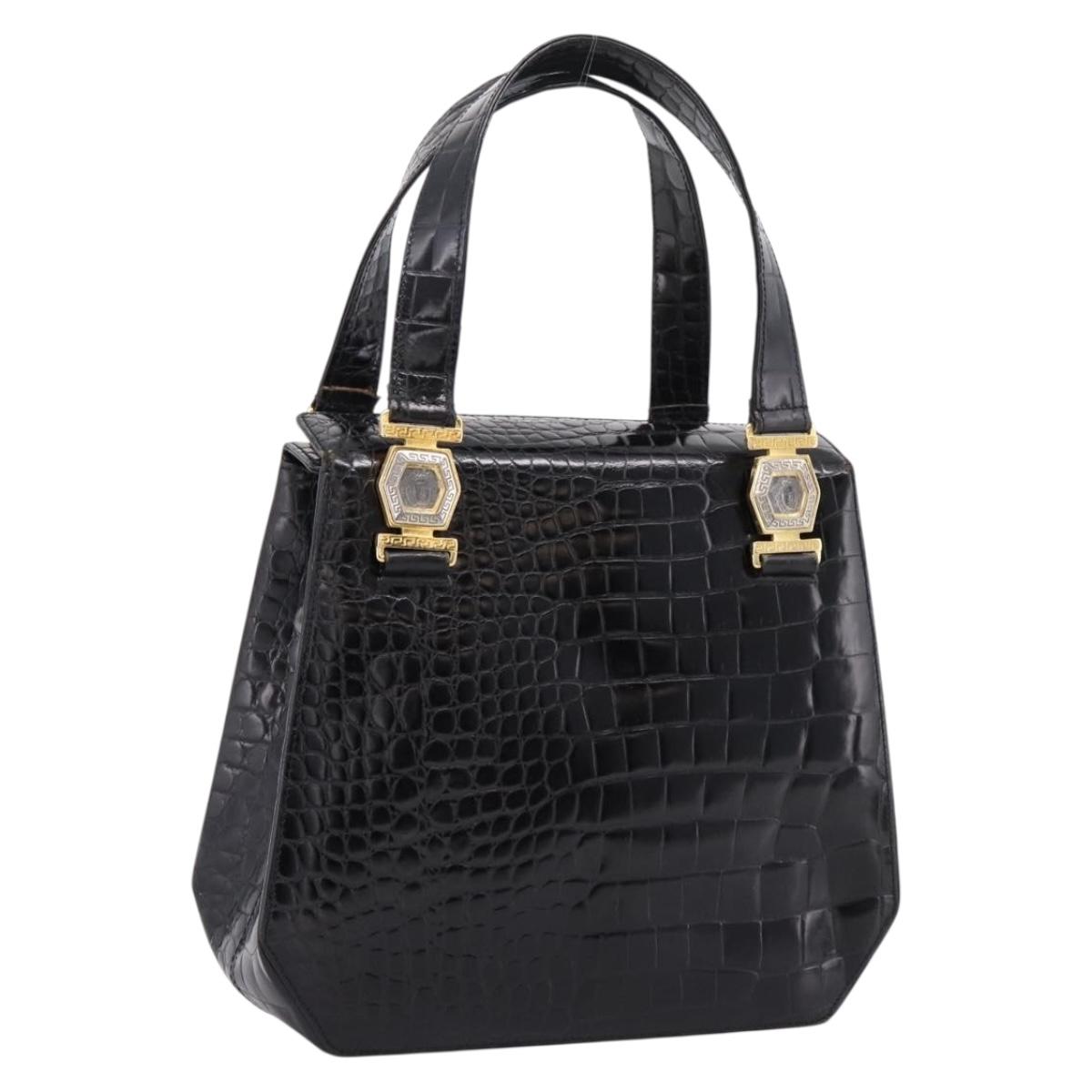 Gianni Versace Croco Embossed Hand Bag Leather Black Gold Auth ka6583