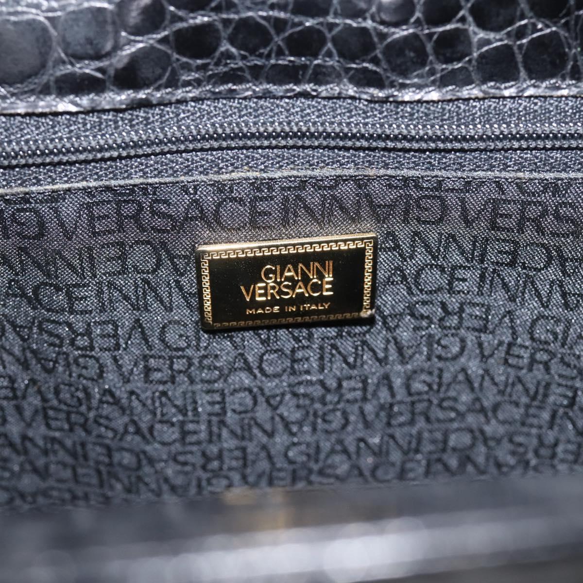 Gianni Versace Croco Embossed Hand Bag Leather Black Gold Auth ka6583