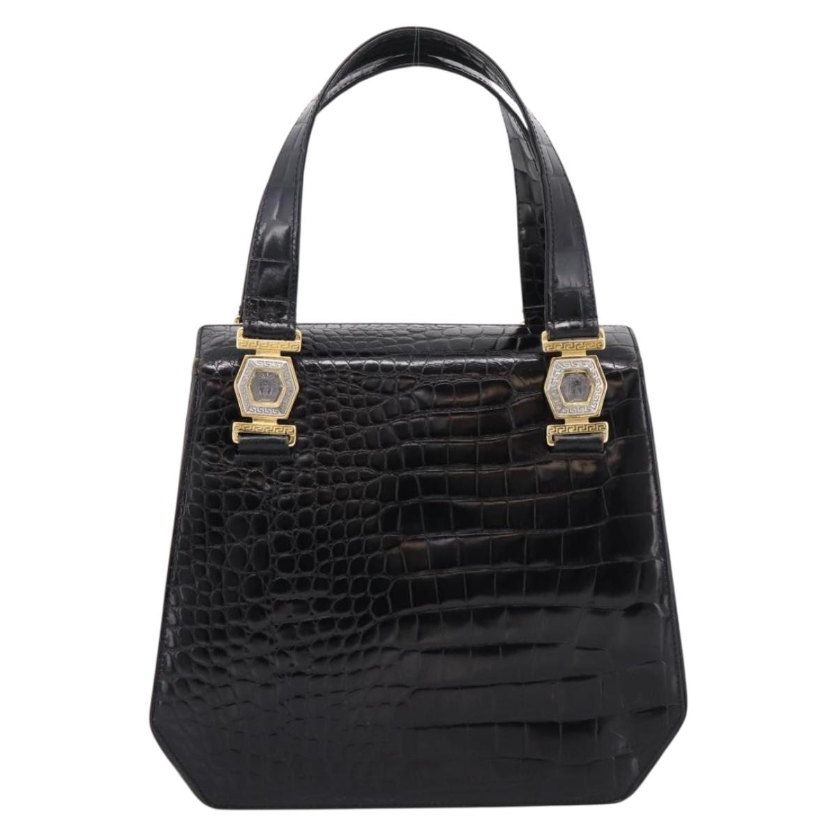 Gianni Versace Croco Embossed Hand Bag Leather Black Gold Auth ka6583