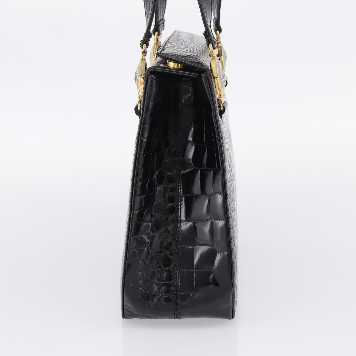 Gianni Versace Croco Embossed Hand Bag Leather Black Gold Auth ka6583