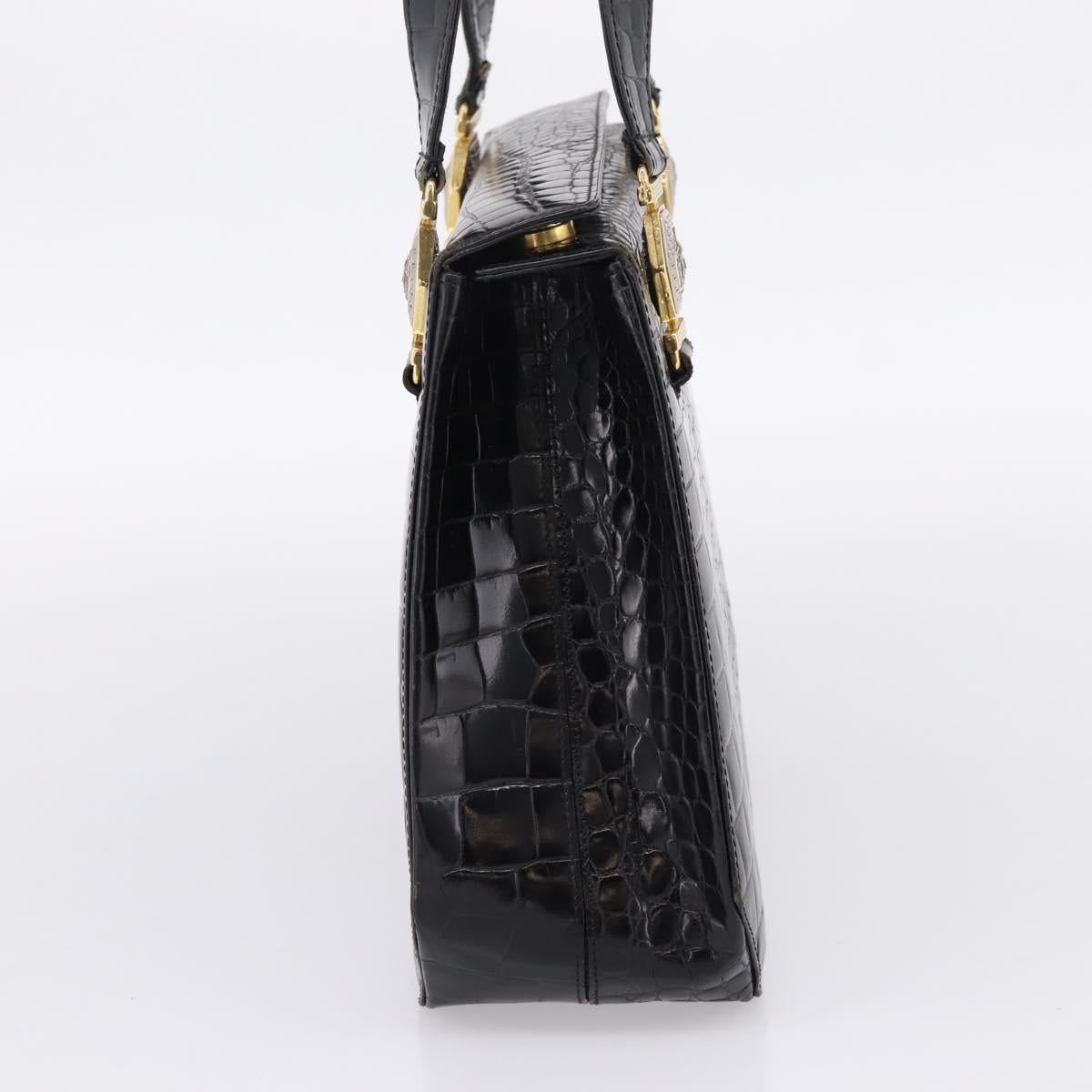 Gianni Versace Croco Embossed Hand Bag Leather Black Gold Auth ka6583
