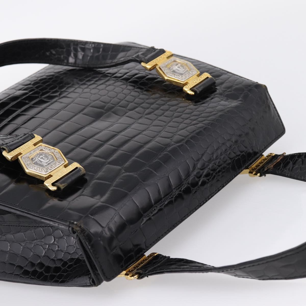 Gianni Versace Croco Embossed Hand Bag Leather Black Gold Auth ka6583
