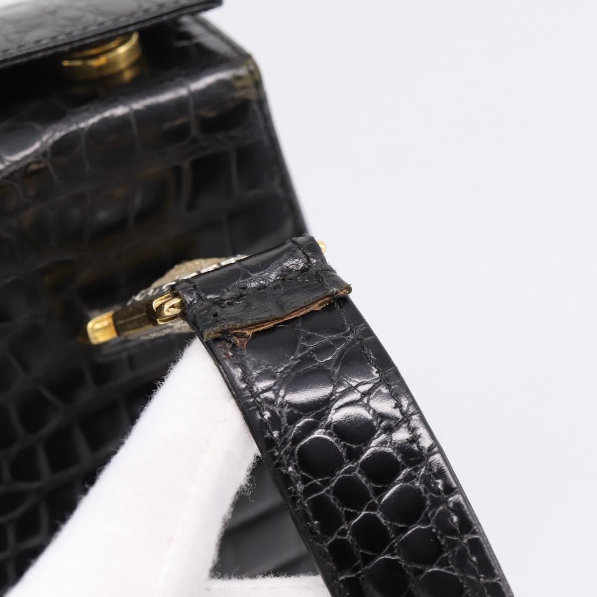 Gianni Versace Croco Embossed Hand Bag Leather Black Gold Auth ka6583