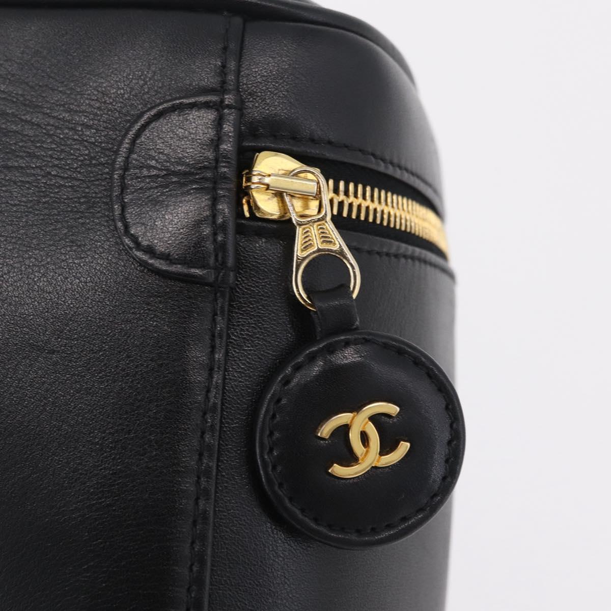 CHANEL Bicolore Vanity Hand Bag Lamb Skin Black Gold CC Auth ka6602V