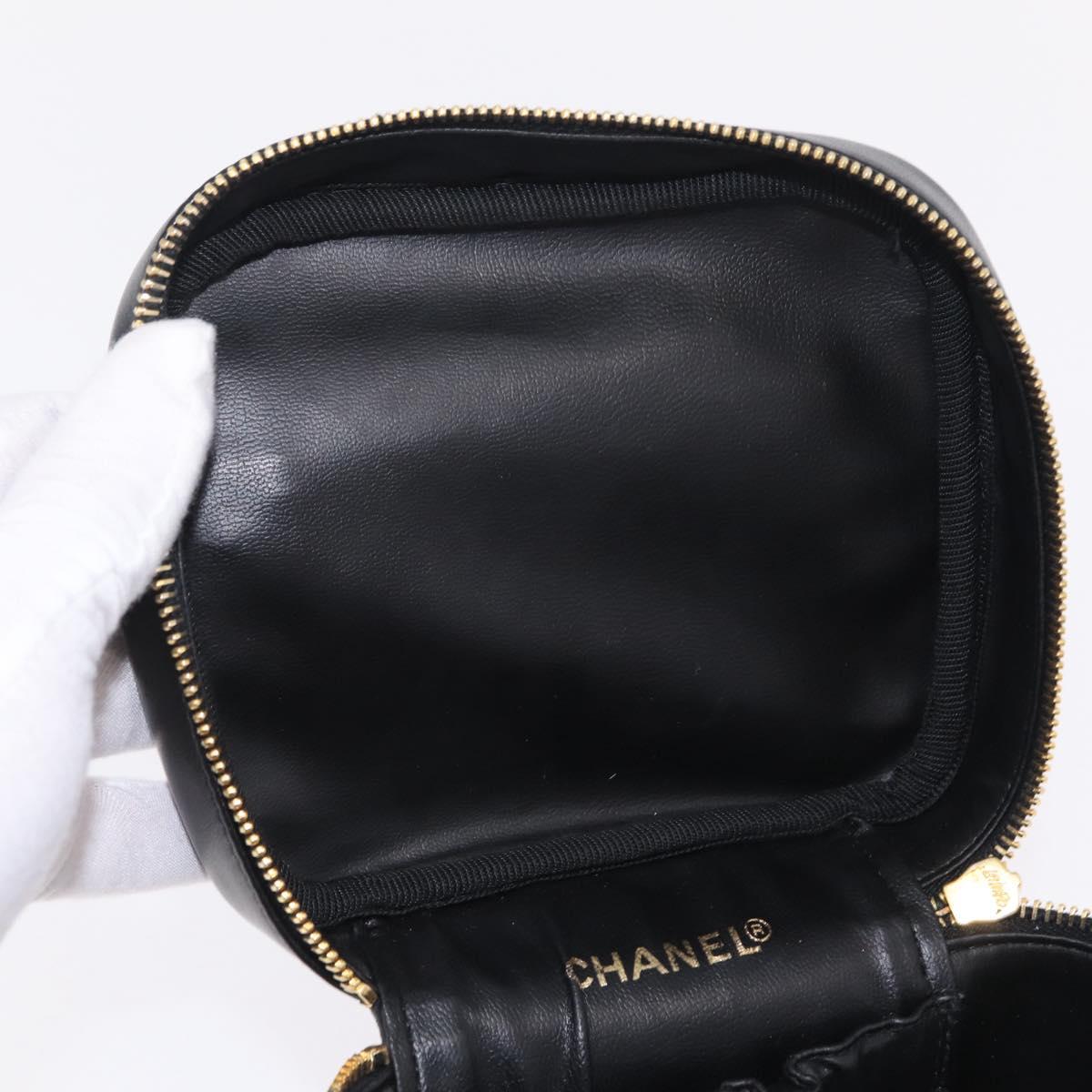 CHANEL Bicolore Vanity Hand Bag Lamb Skin Black Gold CC Auth ka6602V