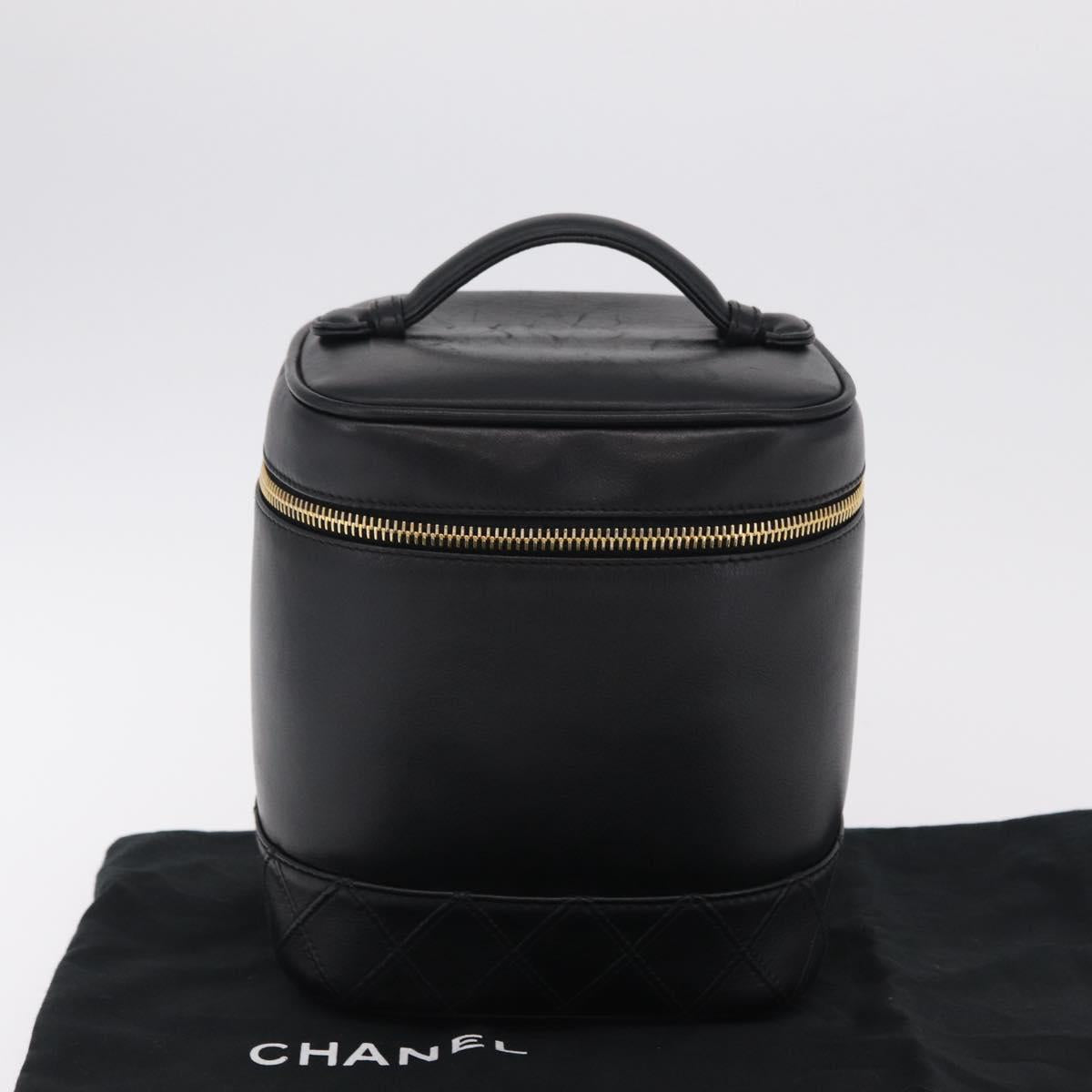 CHANEL Bicolore Vanity Hand Bag Lamb Skin Black Gold CC Auth ka6602V