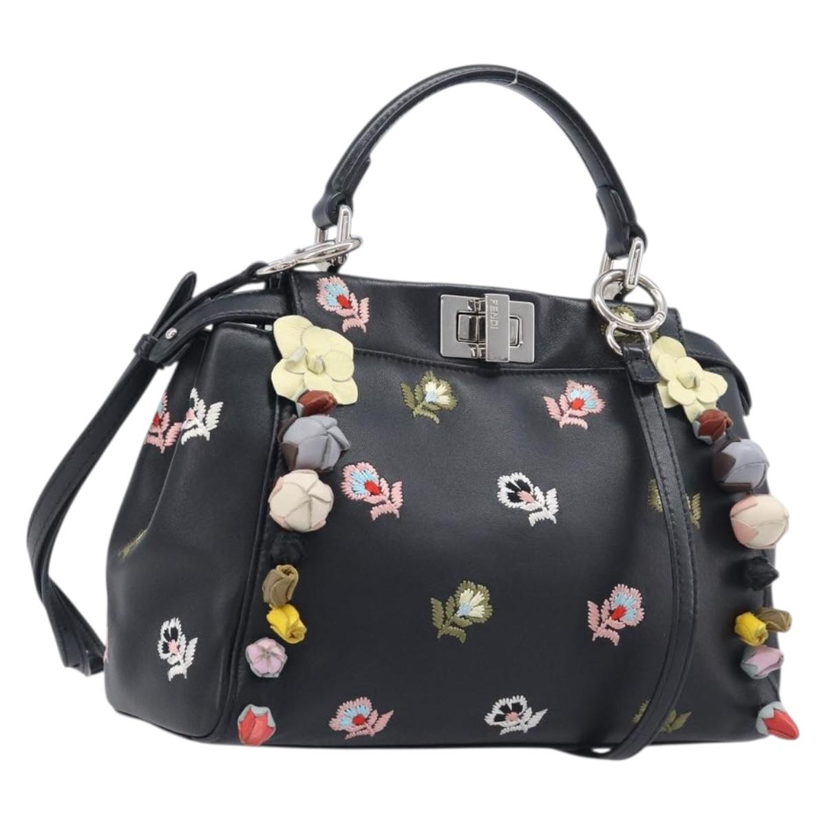 FENDI Mini Peek A Boo Hand Bag Leather 2way Black Silver Auth ka6610M