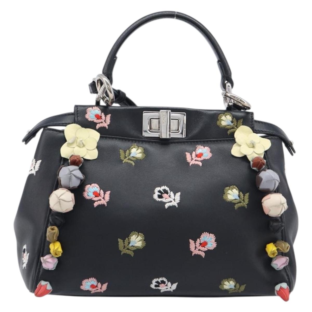 FENDI Mini Peek A Boo Hand Bag Leather 2way Black Silver Auth ka6610M