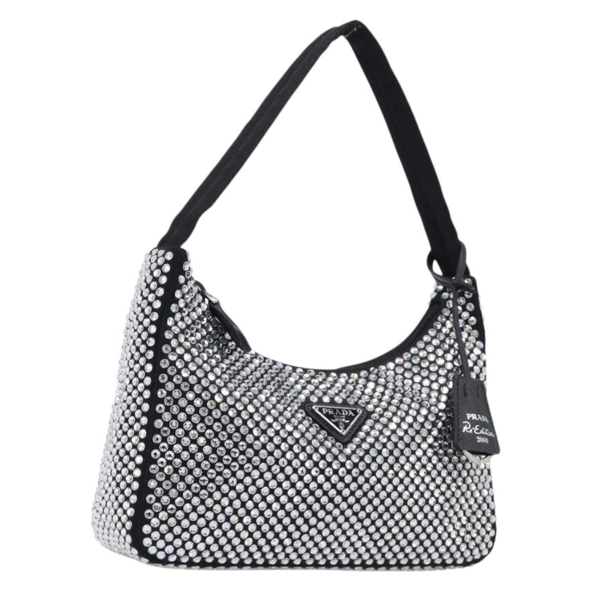 PRADA Crystal Hand Bag Silk Silver Auth ka6617M