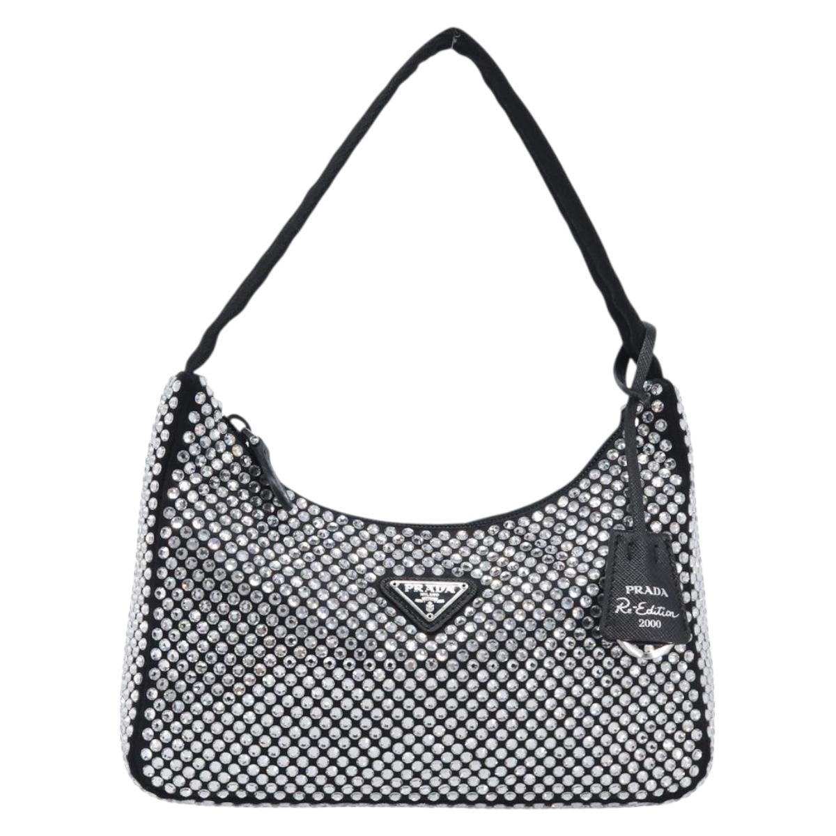 PRADA Crystal Hand Bag Silk Silver Auth ka6617M