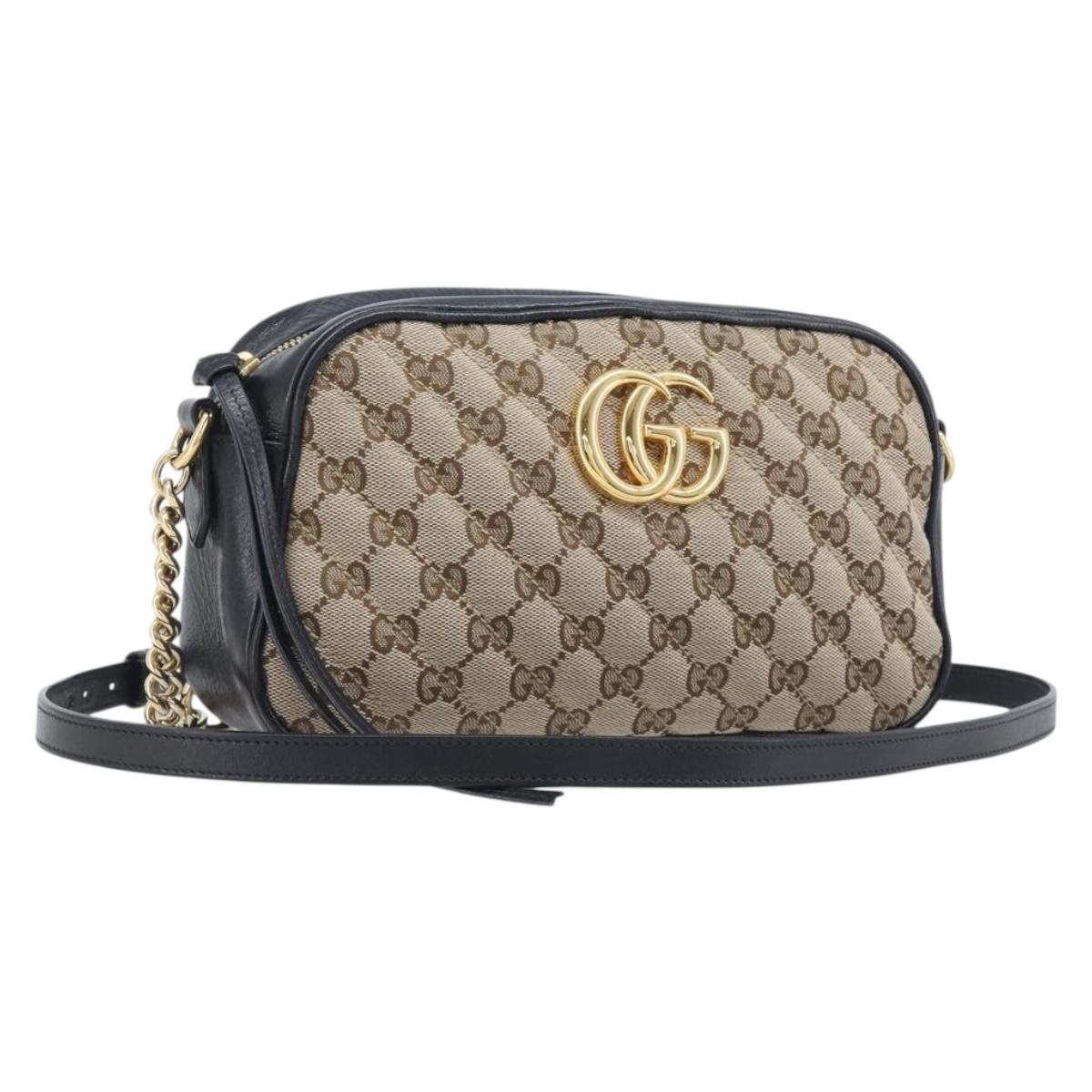 GUCCI GG Canvas GG Marmont Chain Shoulder Bag Black Gold 447632 Auth ka6623V