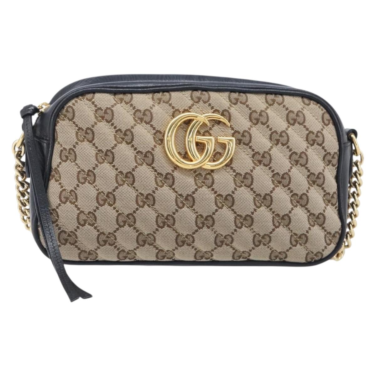 GUCCI GG Canvas GG Marmont Chain Shoulder Bag Black Gold 447632 Auth ka6623V