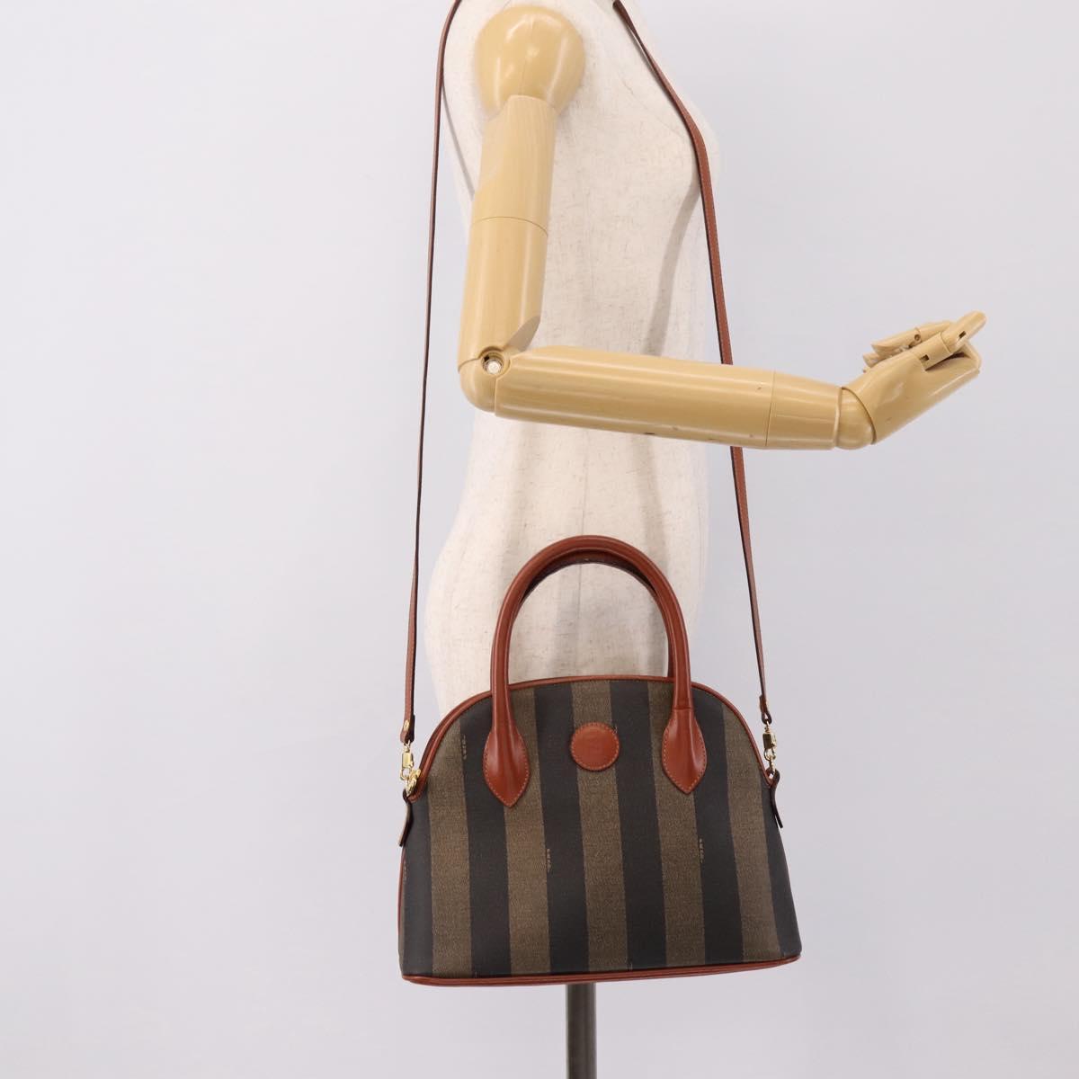 FENDI Pecan Canvas Hand Bag PVC 2way Black Brown Auth ka6634V