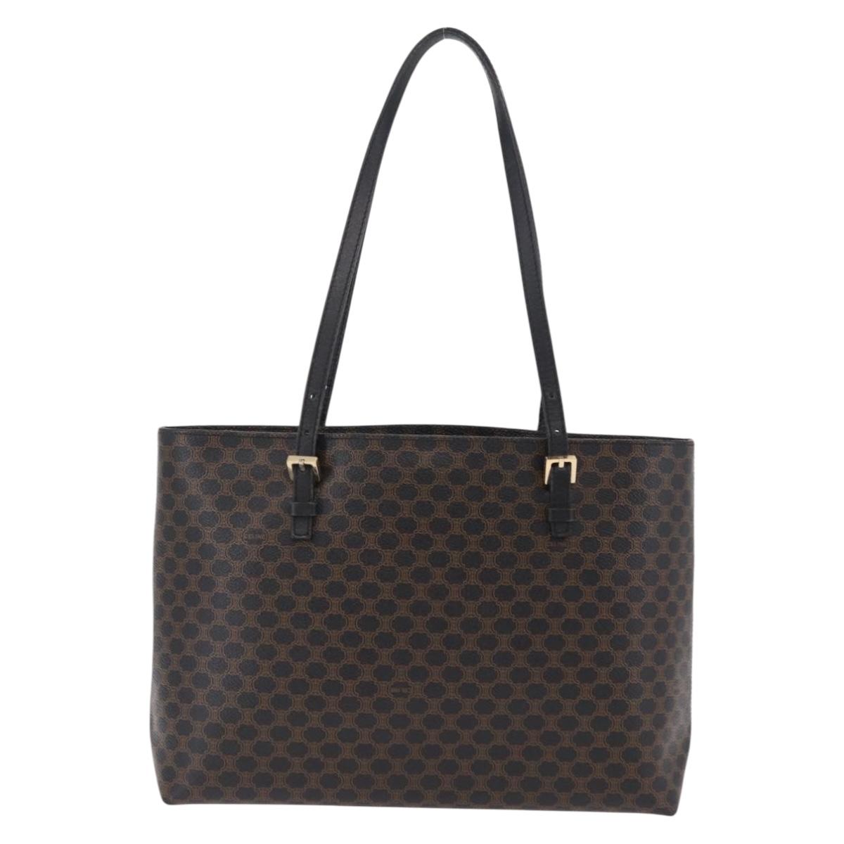 CELINE Macadam Canvas Tote Bag PVC Leather Black Gold Auth ka6639