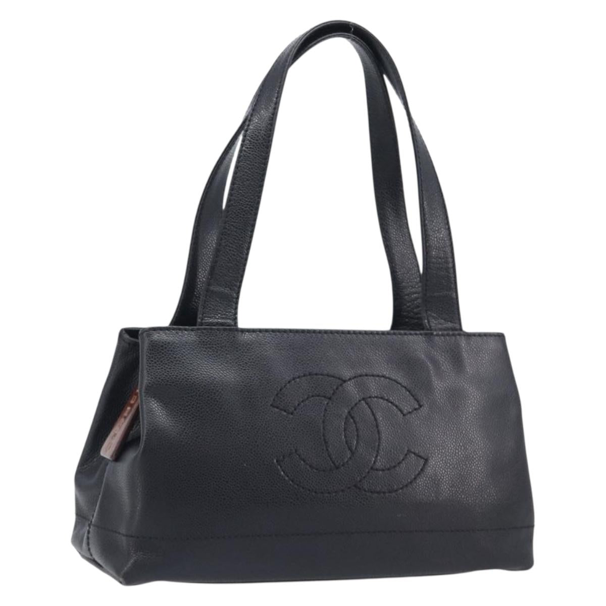 CHANEL COCO Mark Tote Bag Caviar Skin Black Gold Tone CC Auth ka6665