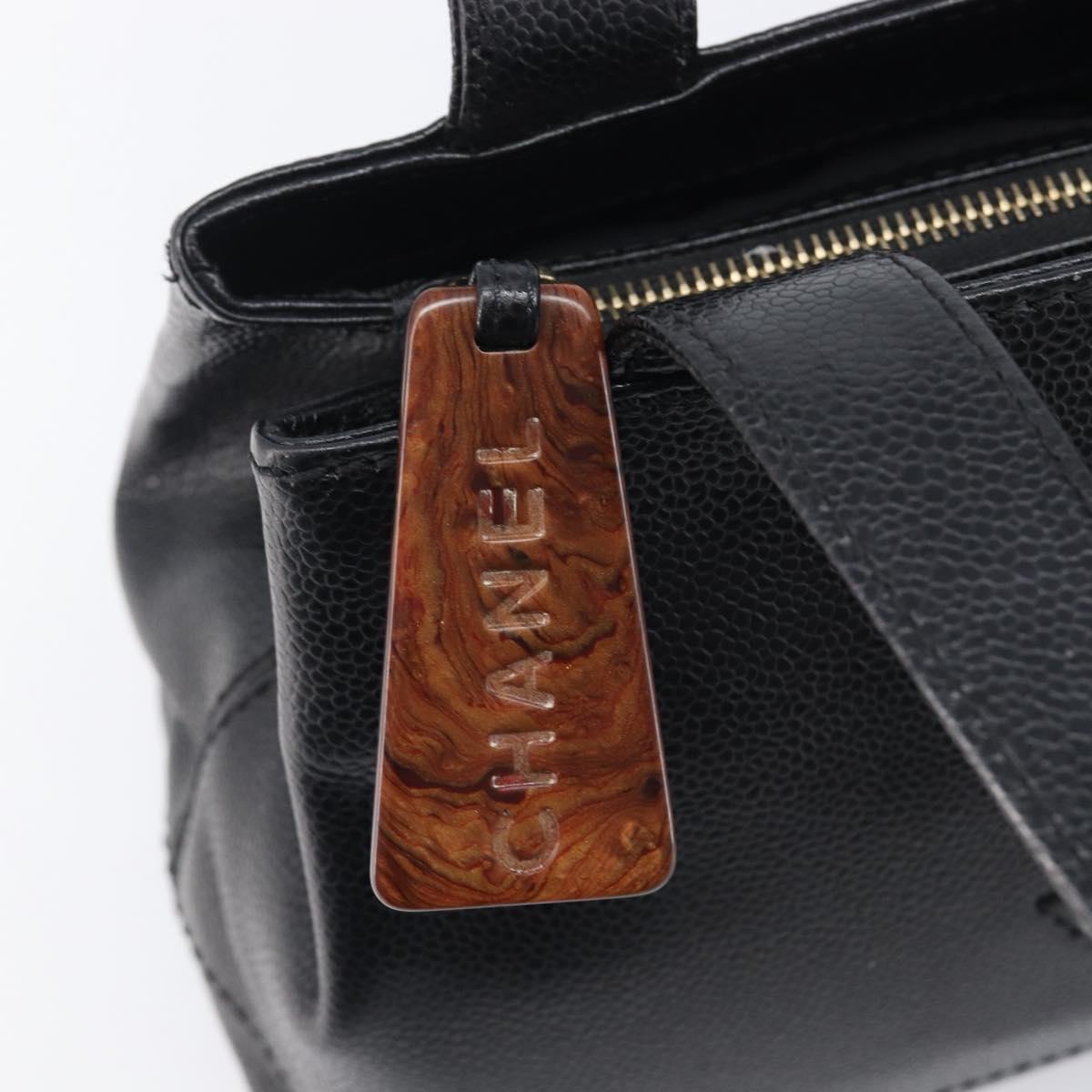CHANEL COCO Mark Tote Bag Caviar Skin Black Gold Tone CC Auth ka6665